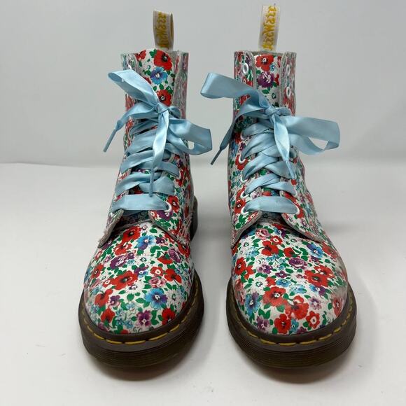 Dr. Marten Boots Women's Size 8 Blue Pascal Floral Print Ribbon Laces Combat - Picture 2 of 16